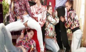 Dressed babes having sex and peeing on a guy